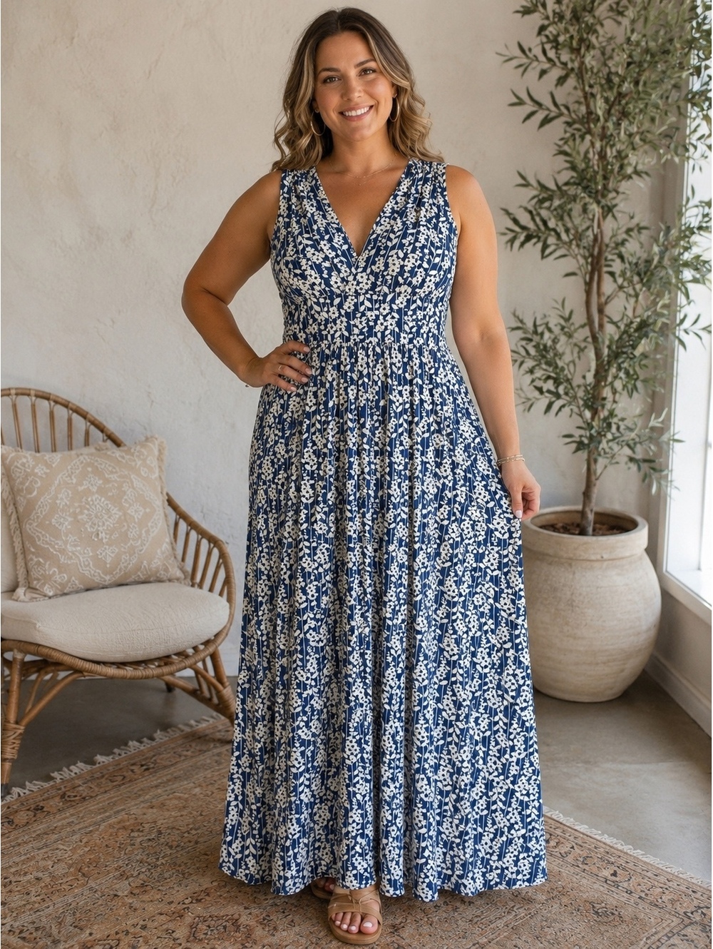 1296 NWT ModCloth Large 19" PTP Blue Floral Sleeveless Maxi Dress A0001296